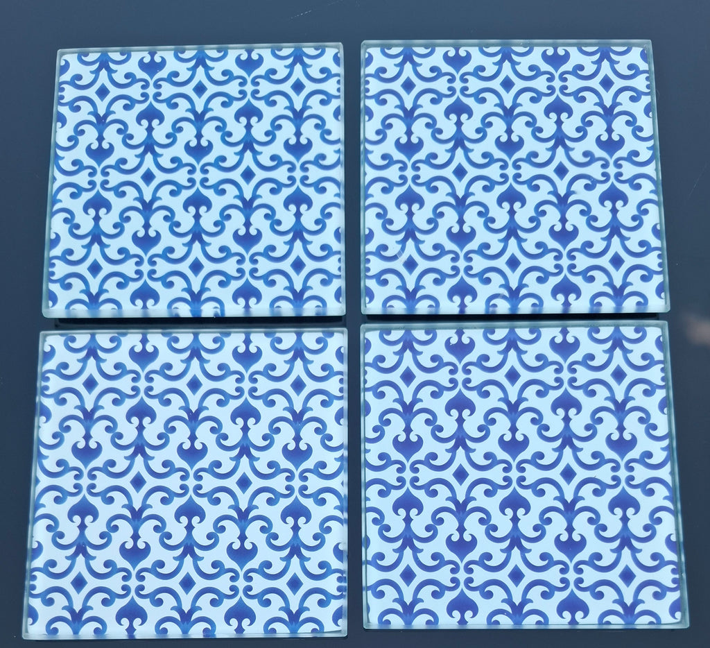 Glasuntersetzer-Set "Marokko" – 4er-Pack (ca. 10x10 cm, blau/weiß)
